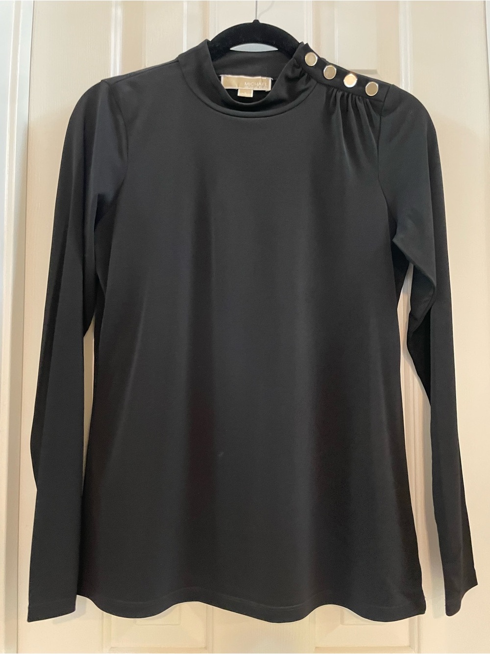 Michael Kors Black Long Sleeve Mock Neck Top with Silver Shoulder Buttons